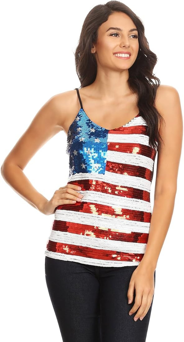 Anna-Kaci Womens Patriotic American USA Flag Sequin Cami Shirt Blouse Tank Top | Amazon (US)