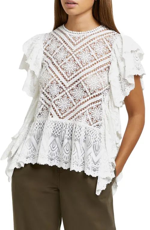 River Island Women's Ruffle Lace Top in White at Nordstrom, Size 2 | Nordstrom
