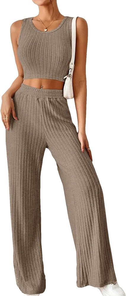 GORGLITTER Women's 2 Piece Outfits Ribbed Knit Tank Crop Top Flare Pants Set Tracksuit loungewear | Amazon (CA)