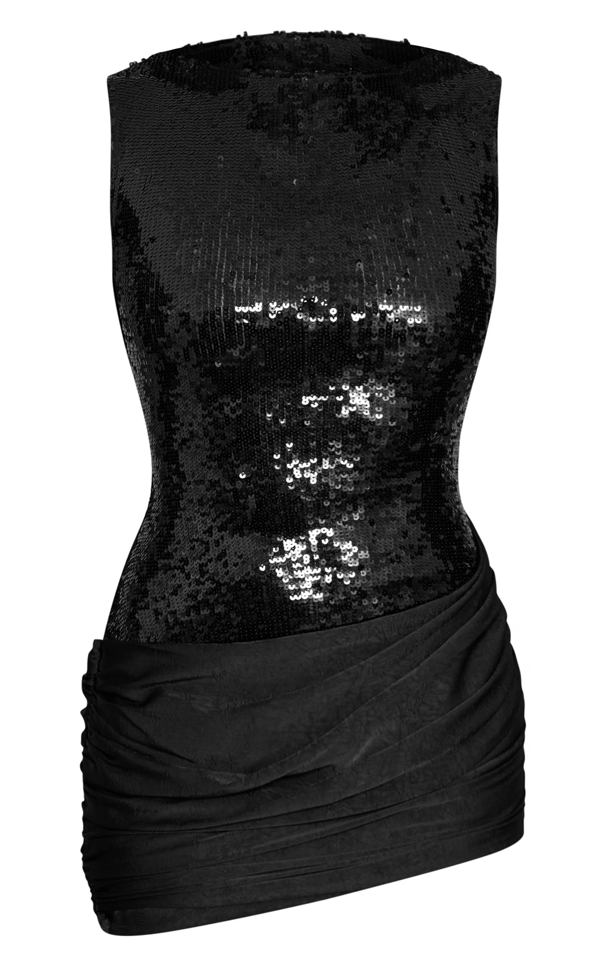 PLT Label Black Sequin Sleeveless Drape Detail Bodycon Dress | PrettyLittleThing UK