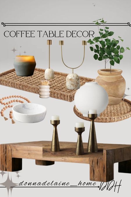 Coffee table styling: a few favorite picks! I love to mix natural elements with a metal piece or two! 
Modern organic, neutral and casually chic! 
Woven trays, wood vase, marble bowl, brass candle holders 

#LTKHome #LTKFamily