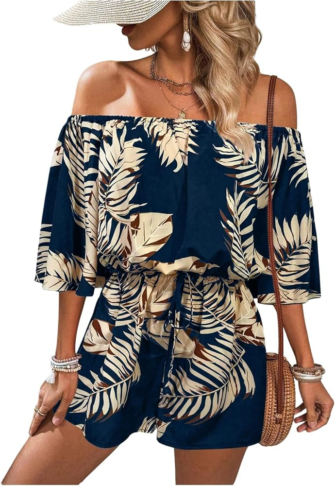 SHENHE Women's Off Shoulder Flutter Sleeve Boho Tropical Romper Short Jumpsuit Playsuit | Amazon (US)