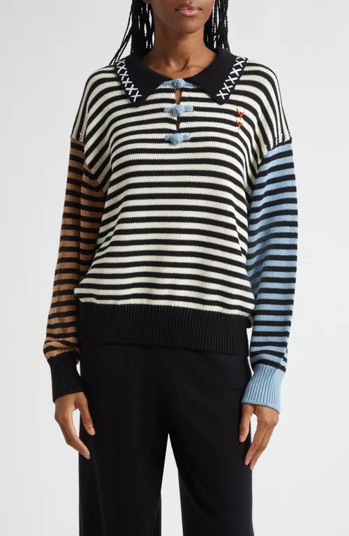 YanYan Bao Colorblock Stripe Long Sleeve Knit Cotton Polo in Black/White at Nordstrom, Size Small | Nordstrom
