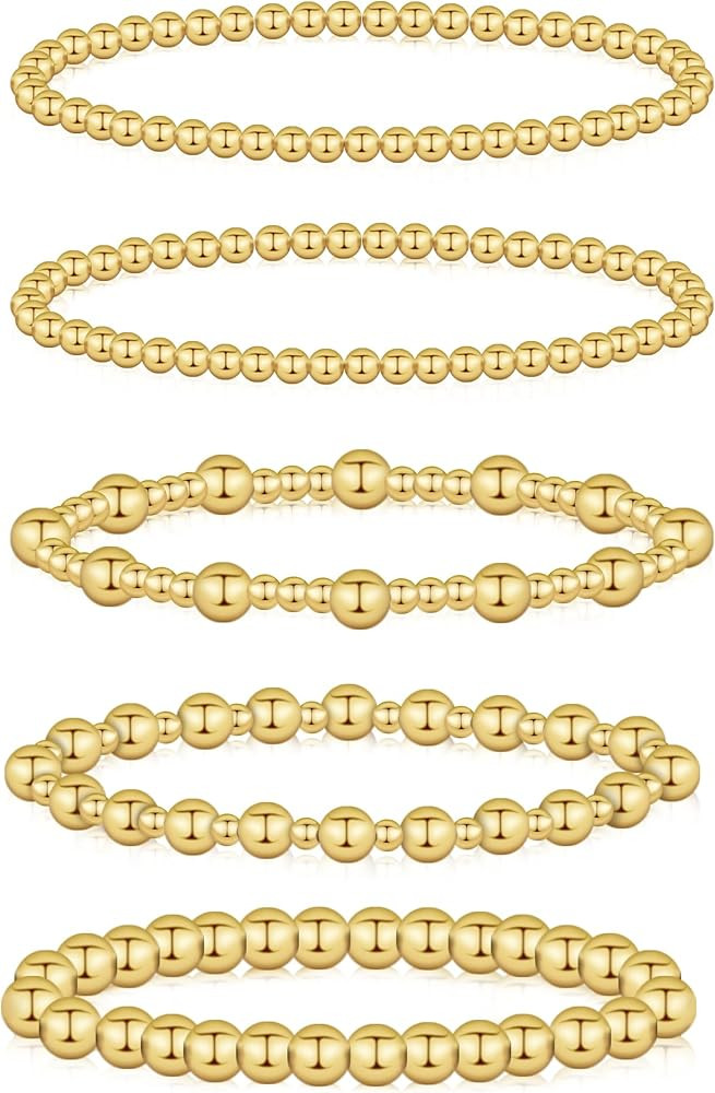 wgoud Gold Bracelets for Women - Trendy 14K Real Gold Plated Beaded Bracelet Set with Stretch Bea... | Amazon (US)