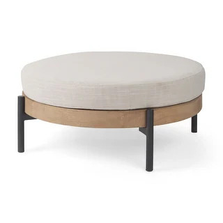 Colburne Cream Fabric w/Light Brown Solid Wood & Black Metal Legs Round Ottoman - - 37639749 | Bed Bath & Beyond