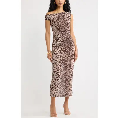Open Edit Off the Shoulder Dot Mesh Midi Dress in Brown- Ivory Corner Dot at Nordstrom, Size Small | Nordstrom