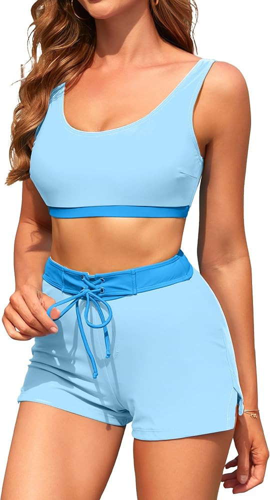 High Waisted Bikini Sets with Shorts Two Piece Swimsuits Full Coverage Bathing Suit Tummy Control... | Amazon (US)