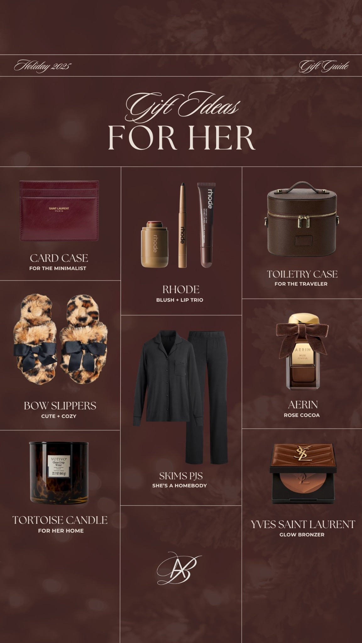From cozy slippers to a SKIMS pajamas—these luxe gifts are perfect for her! 🤎

gift guide, gifts for her, holiday gifts, luxe finds, cozy chic, minimal style, timeless pieces, travel gifts, card holder, YSL beauty, Rhode lip set, gift ideas for her, vanity case, cheetah slippers, cozy candle, card case, AERIN perfume, 2025 holiday gift ideas for her

#LTKBeauty #LTKGiftGuide #LTKHoliday