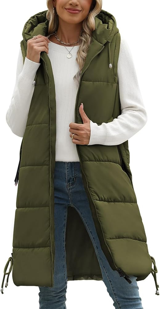 Long Womens Puffer Vest Winter Sleeveless Puffy Jacket with Hood Warm Quilted Vest 2025 | Amazon (US)