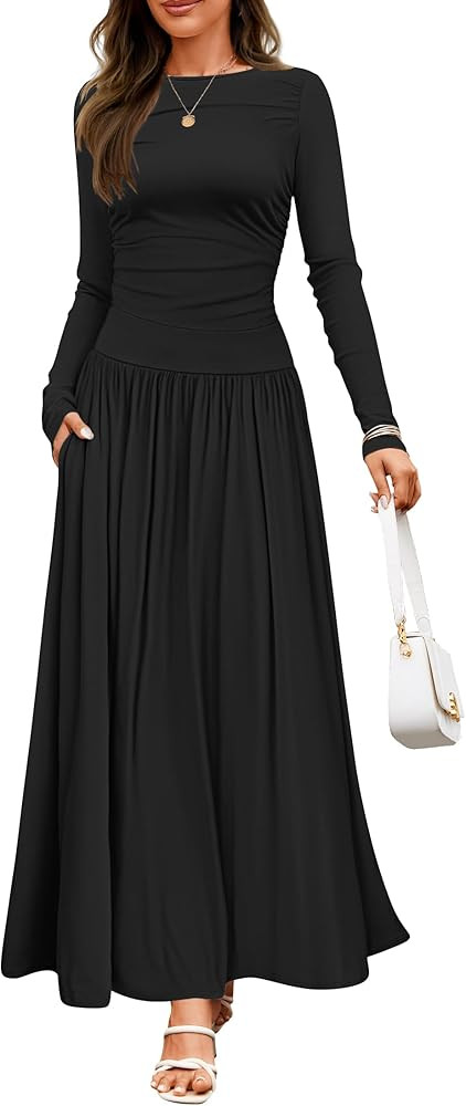 ZESICA Women's Long Sleeve Maxi Dress 2024 Fall Crewneck Knit Casual Slim Swing Pleated Dresses w... | Amazon (CA)