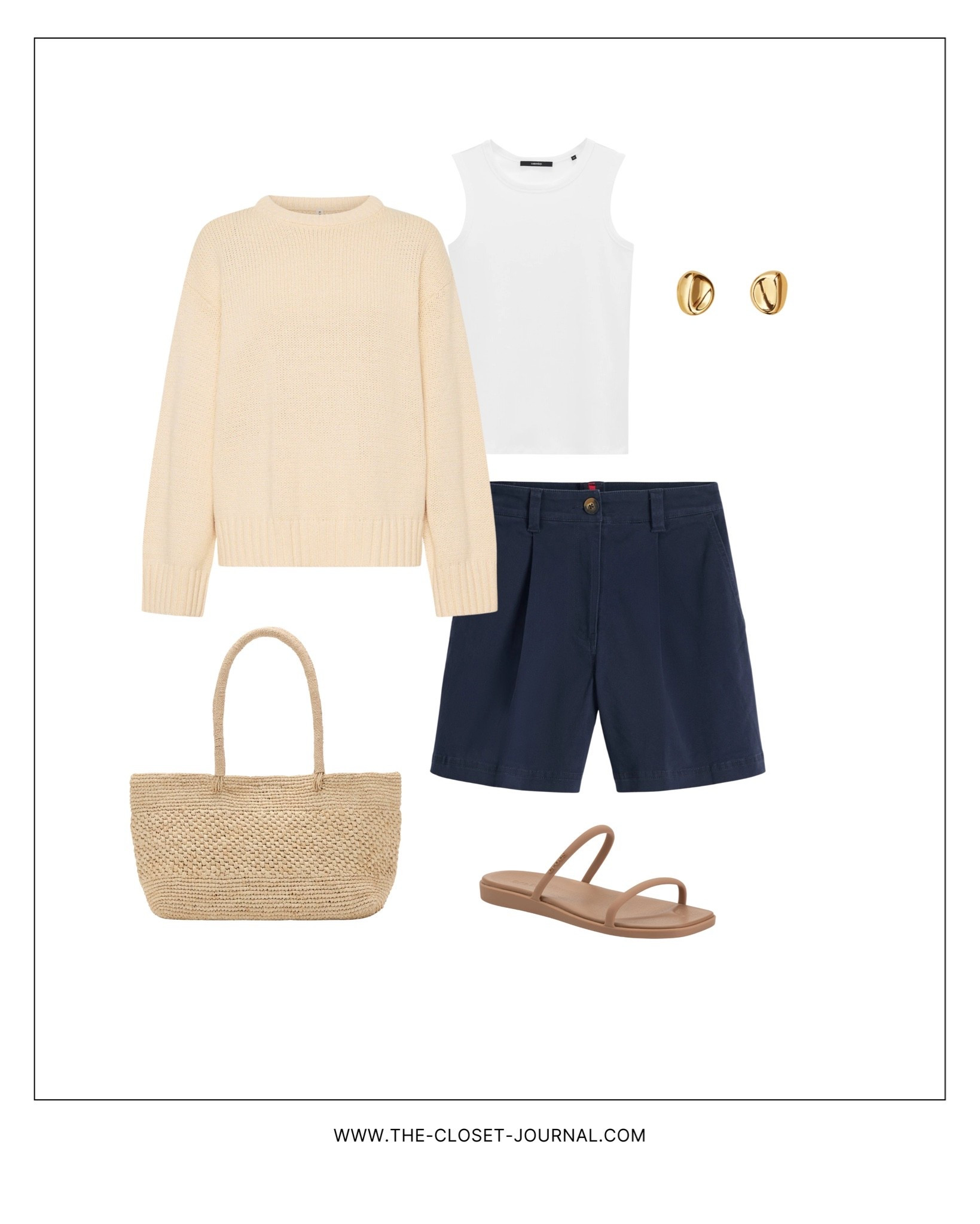 Navy shorts and light yellow jumper