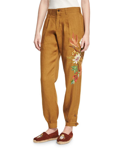 Embroidered Linen Carpenter Pants, Mustard | Bergdorf Goodman