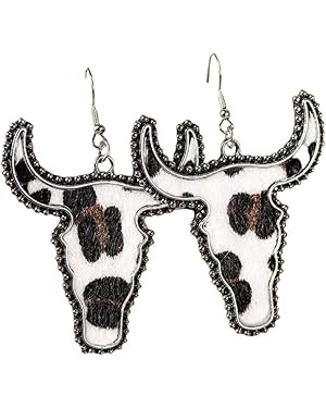 Western Cowgirl Earrings Cow Cattle Head Leather Dangle Earrings Bohemian Vintage Handmade Turquo... | Amazon (US)