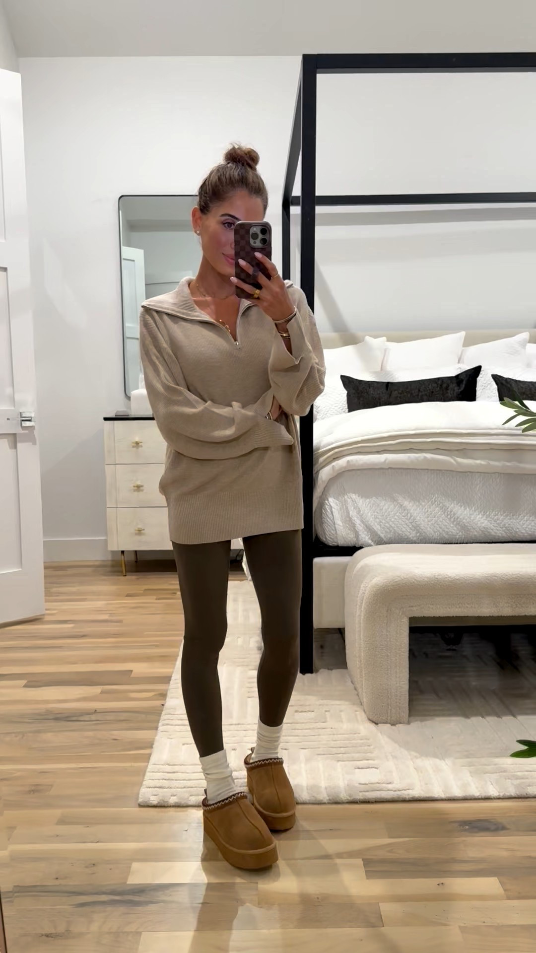 Amazon neutral half zip jacket wearing smallest size green leggings petite friendly smallest size. Socks and Ugg look for less slippers 

#LTKPetite #LTKSeasonal #LTKFindsUnder50