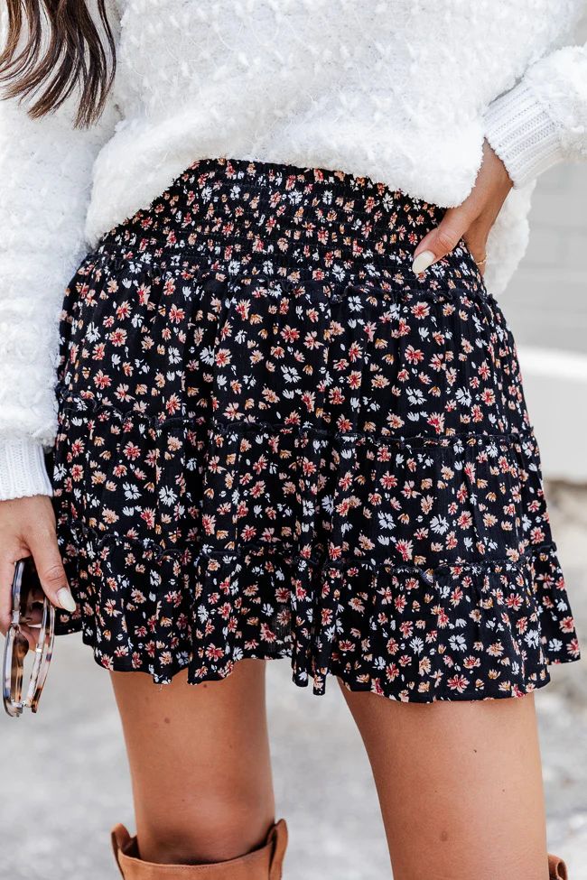 Please Don't Go Black Floral Mini Skort | Pink Lily