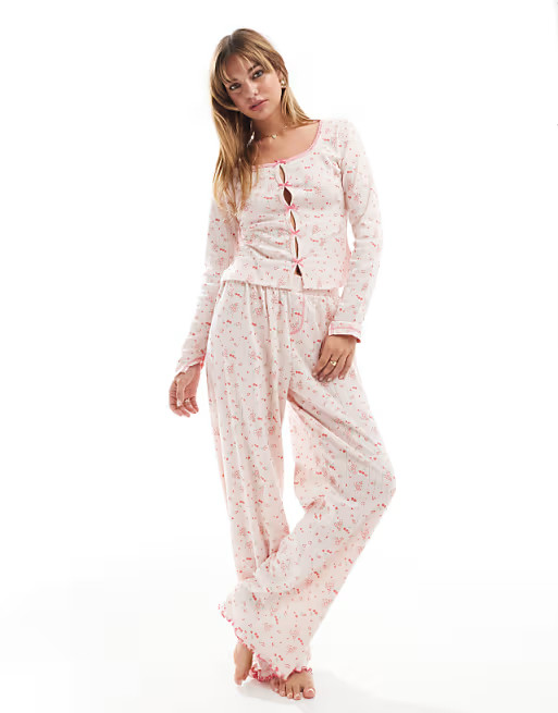 ASOS DESIGN mix & match ditsy bow print pointelle cardigan in pink | ASOS | ASOS (Global)