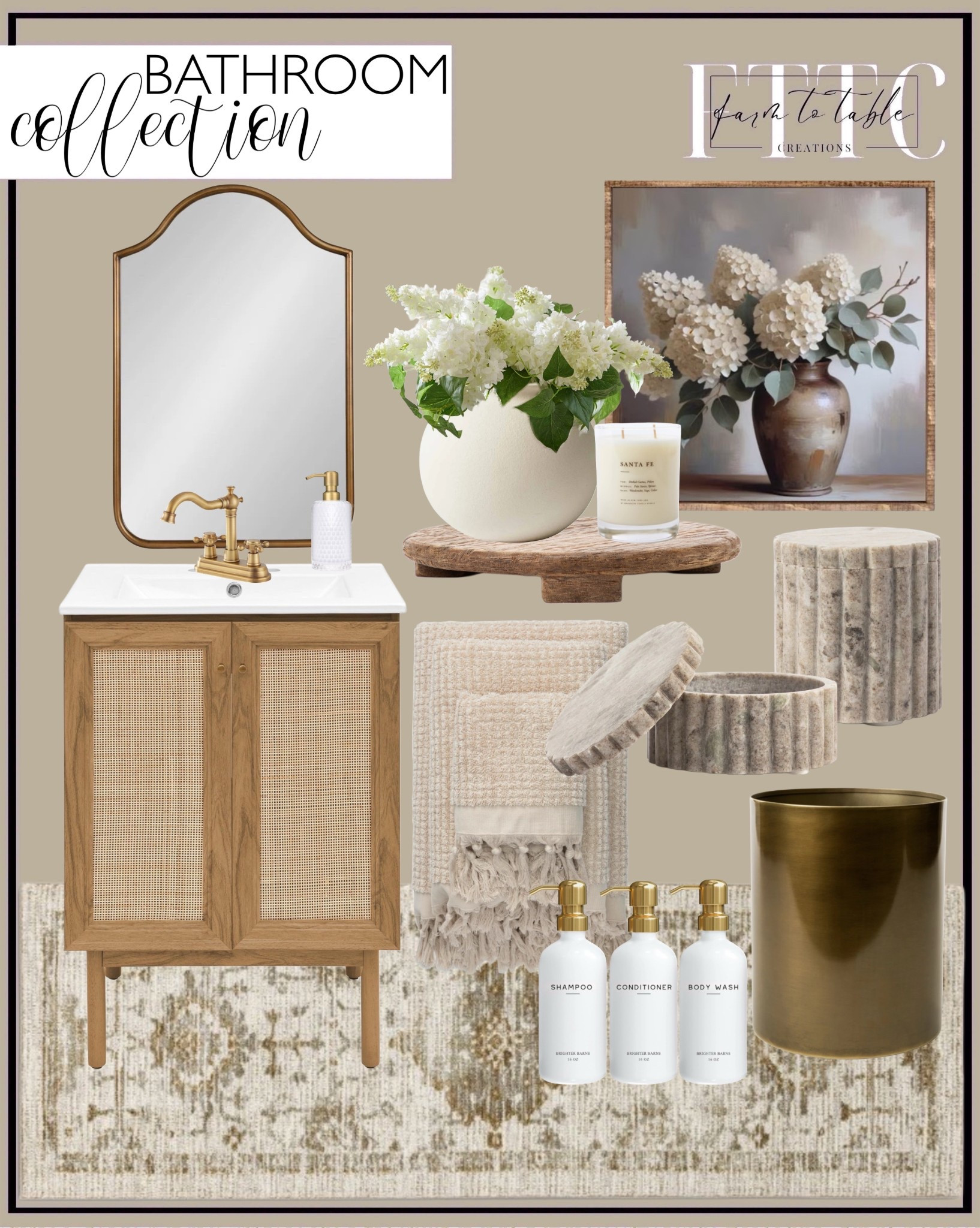 Curated Bathroom Collection.  Follow @farmtotablecreations on Instagram for more inspiration.

Washable Vintage Distressed Rug. McGee & Co. Anzio Bath Collection. Better Homes & Gardens 5.9" Matte Ceramic Round Vase, Natural Beige White, 1 - Piece. Swiss Madison Classe 24 in. Oak Bathroom Vanity with White, 3-Hole Ceramic Sink Top. Bathroom Faucet Antique Brass. Bathroom Vanity Mirror. Hydrangea Harmony Canvas Printed Sign. Mango Wood Carved Pedestal. Forster Marble Canister. Talisa Waste Bin. Faux White Lilac Bundle. Santa Fe Candle. Rail19 Frosted Milk + Honey Glass Soap Dispenser. Luxury Shampoo and Conditioner Dispenser Set by Brighter Barns - Shower Soap Dispenser - Shampoo Conditioner Body Wash Dispenser & Pump - White and Gold. 

Bathroom Finds | Console Table | Dining Room | Dining Room Artwork | Bathroom Finds | Bedroom Finds | Bedroom Furniture | nightstands | Home Decor| Fireplace Decor | Spring Refresh |  Bedroom Finds | Neutral Stems | Spring Stems | Bookshelf Decor | Bedroom Space | Cozy  Corner | Bathroom | Curated Entryway | Spring  Decor | End of Year Clearance | Trending Decor | Viral Decor  | Coffee Table Decor | Neutral Decor | Fall Stem Sale | Target Finds | Skinny Bench | Bedroom | Living Room | Breakfast Nook | Amazon Home | Target Sale | Loloi Rugs | Magnolia Home | console table | console table styling | faux stems | entryway space | front porch decor | neutral decor | entryway decor | cozy home | affordable decor |  home decor | home inspiration | console styling | entryway rug | cozy moody home | moody home decor | neutral home | bathroom decor | living room | spring decor | Hearth & Hand | Studio McGee | 2025 Home Trends | trending home | Crate&Barrel 




#LTKSaleAlert #LTKFindsUnder50 #LTKHome