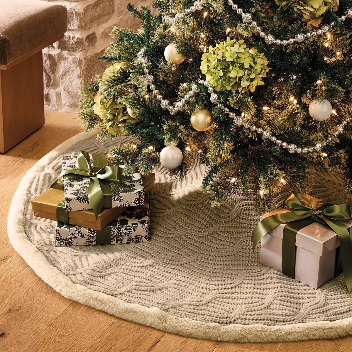 Cable Knit Faux Fur Trim Tree Skirt True Khaki - Threshold\u2122 designed with Studio McGee | Target