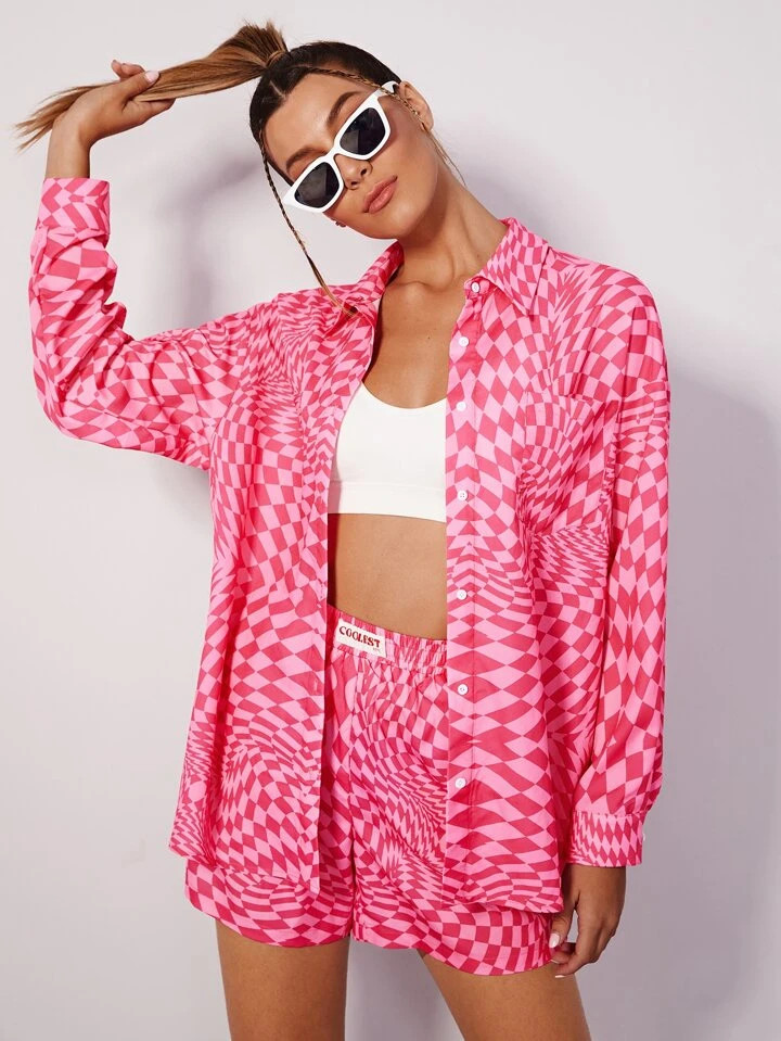 SHEIN Qutie Checker Print Drop Shoulder Blouse & Shorts Set | SHEIN