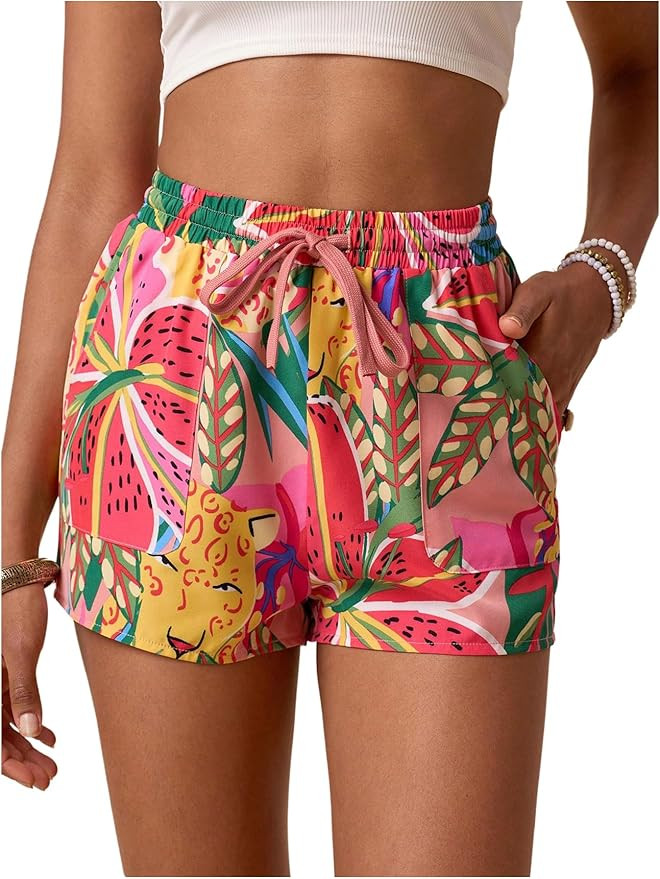 MakeMeChic Women's Tropical Print Shorts Drawstring Waist Wide Leg Summer Casual Shorts | Amazon (US)