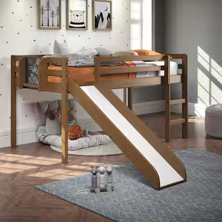 Latte Twin Wood Loft Bed with Slide, Kids Low Loft Bed with Slide, Ladder and Chalkboard | The Home Depot