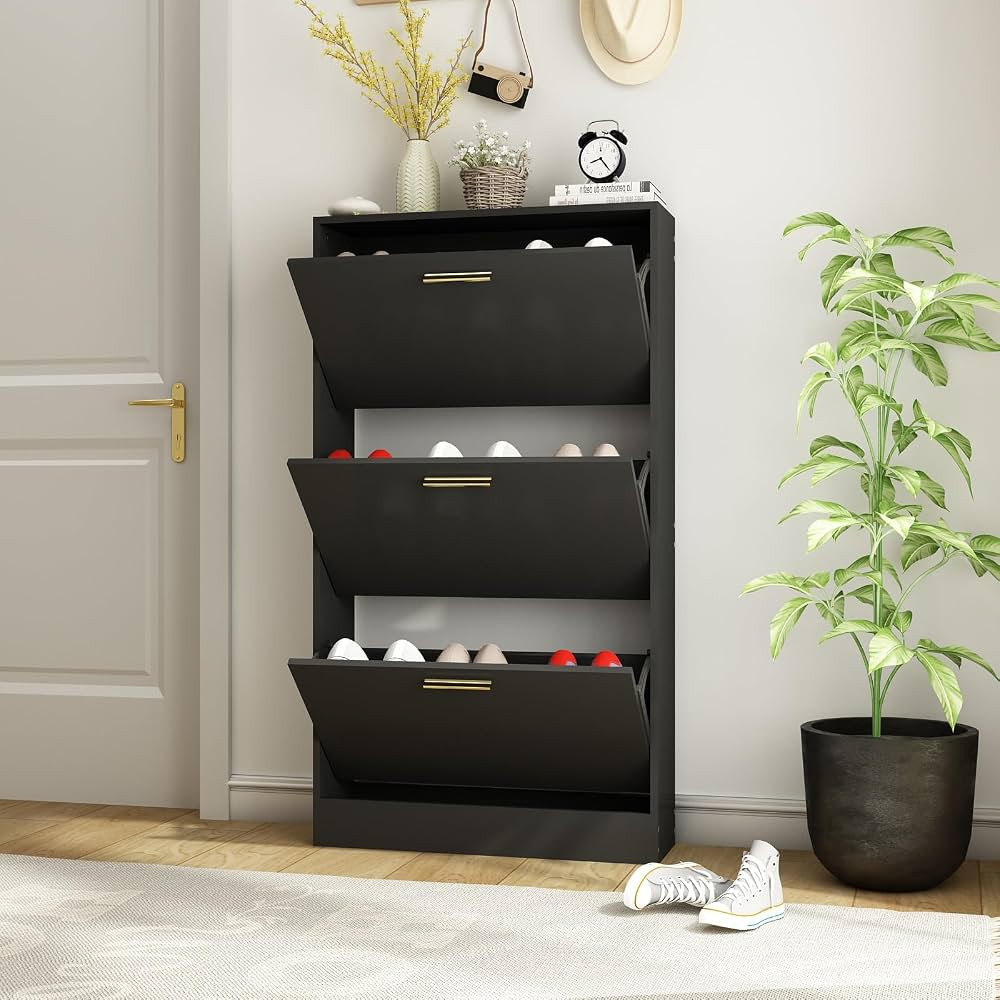 Shoe Cabinet for Entryway Slim, Narrow Shoe Storage Cabinet with 3 Flip Drawers, Wood Hidden Shoe... | Amazon (US)