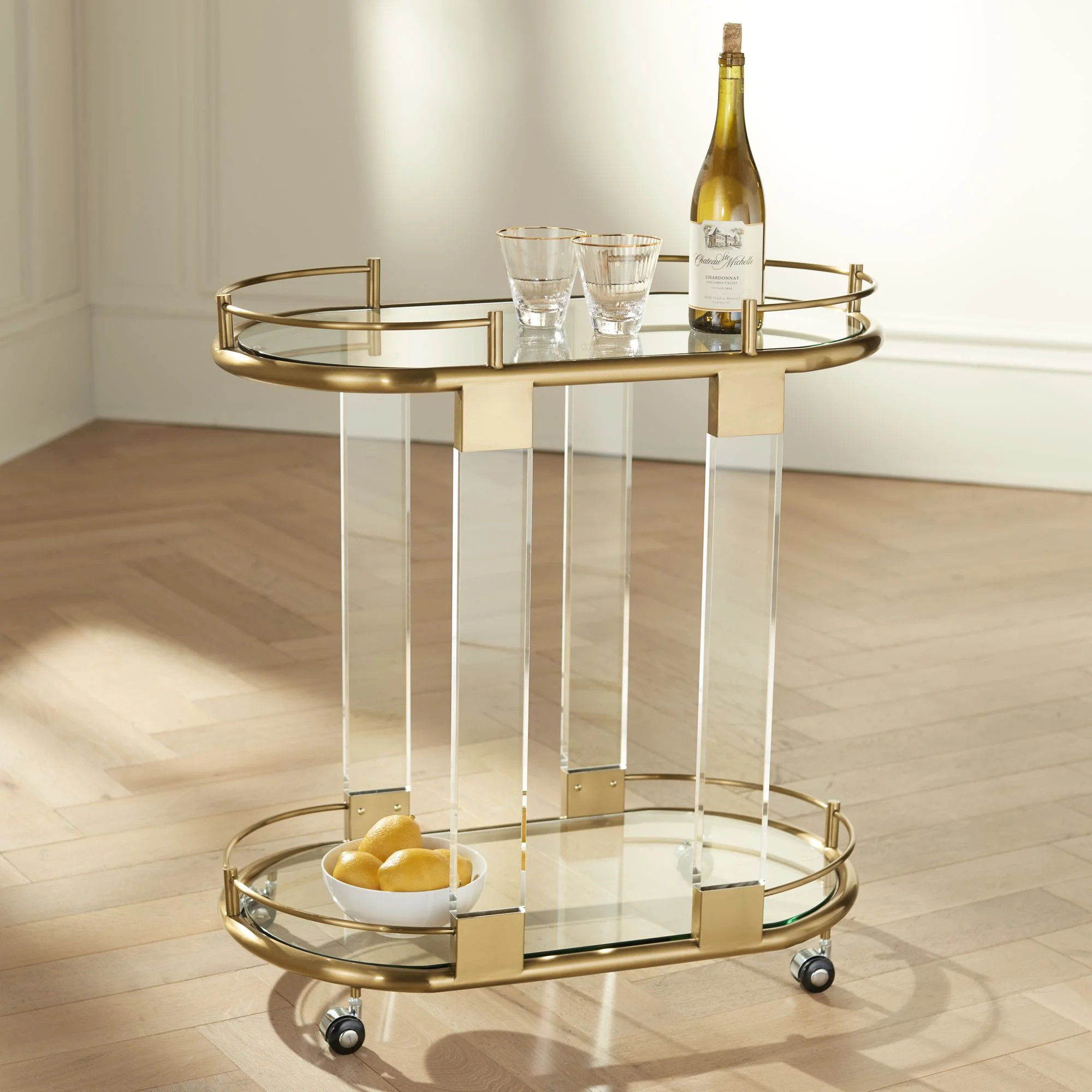 55 Downing Street Adaline 29 1/2" Wide Clear Acrylic and Gold Oval Bar Cart | Walmart (US)