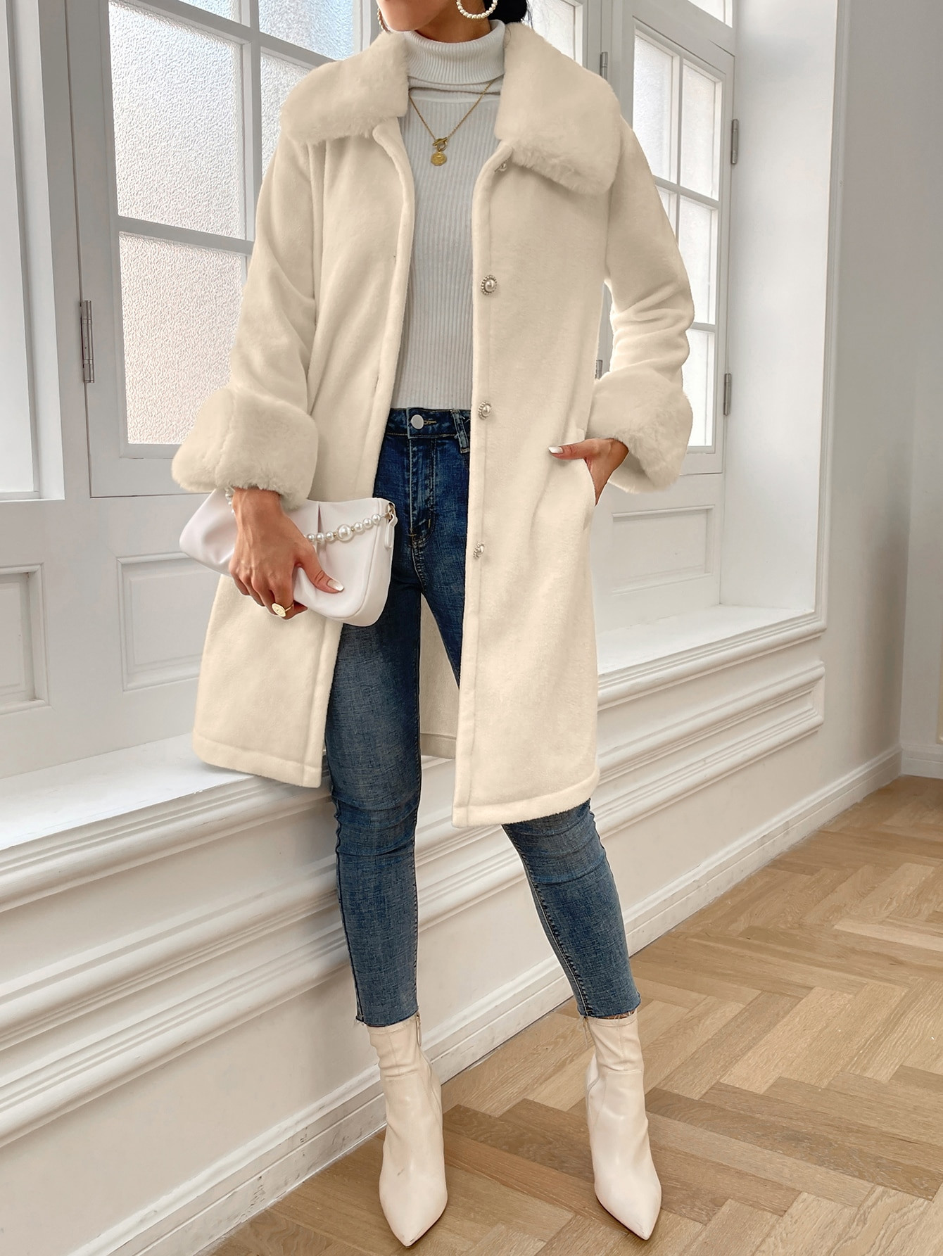 SHEIN BIZwear Borg Collar Contrast Cuff Slant Pocket Coat Workwear | SHEIN