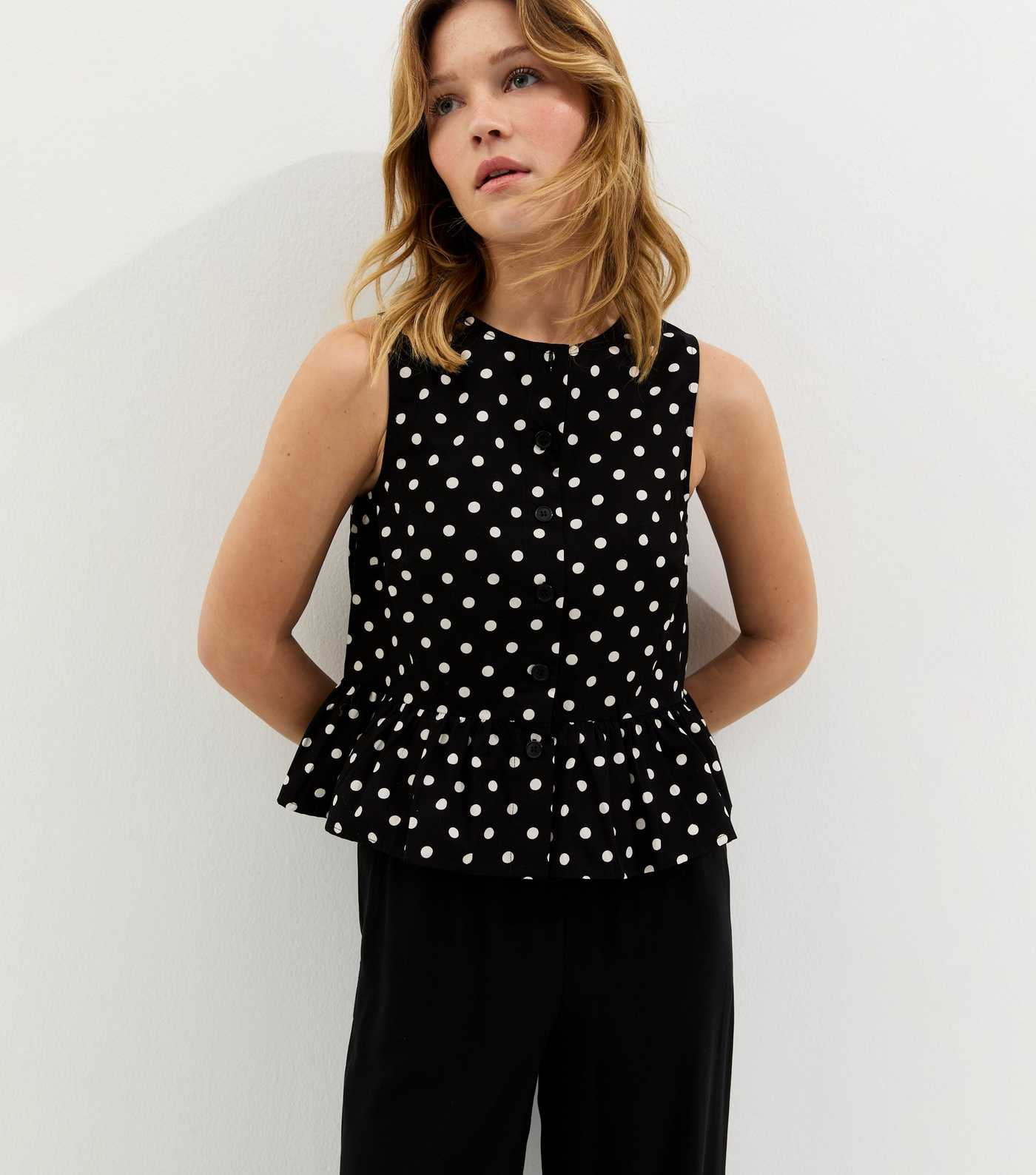 Black Polka Dot Button Up Peplum Top | New Look | New Look (UK)