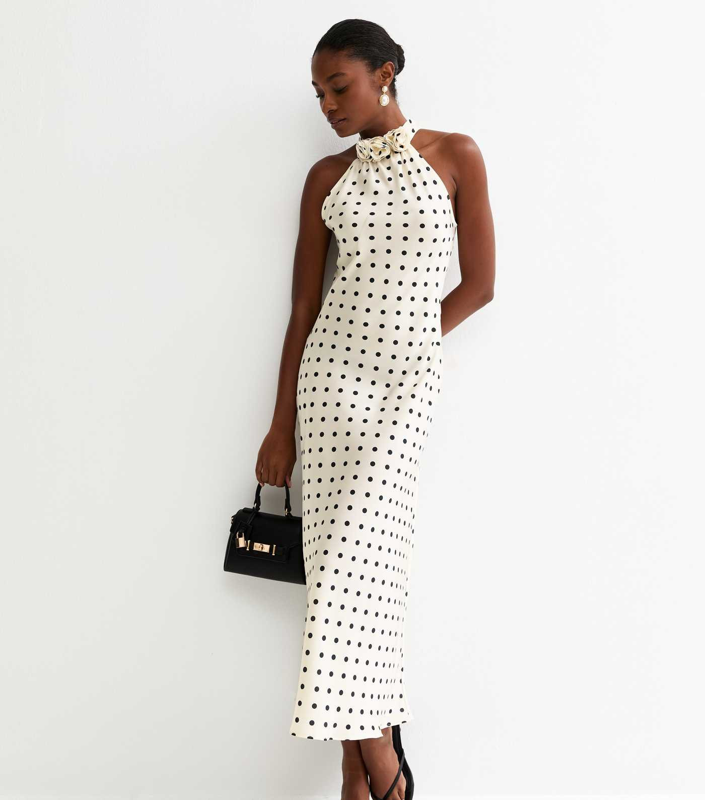 Cream Satin Polka Dot Floral Appliqued Halter Neck Midi Dress | New Look | New Look (UK)