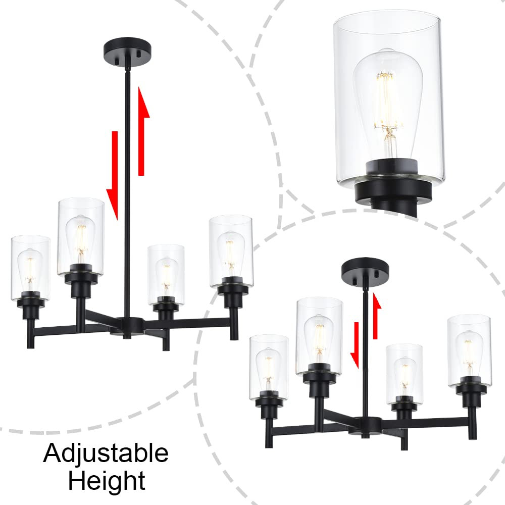 VINLUZ 4 Light Glass Farmhouse Chandelier Black Kitchen Lighting Fixture Hanging with Cylinder Cl... | Amazon (US)