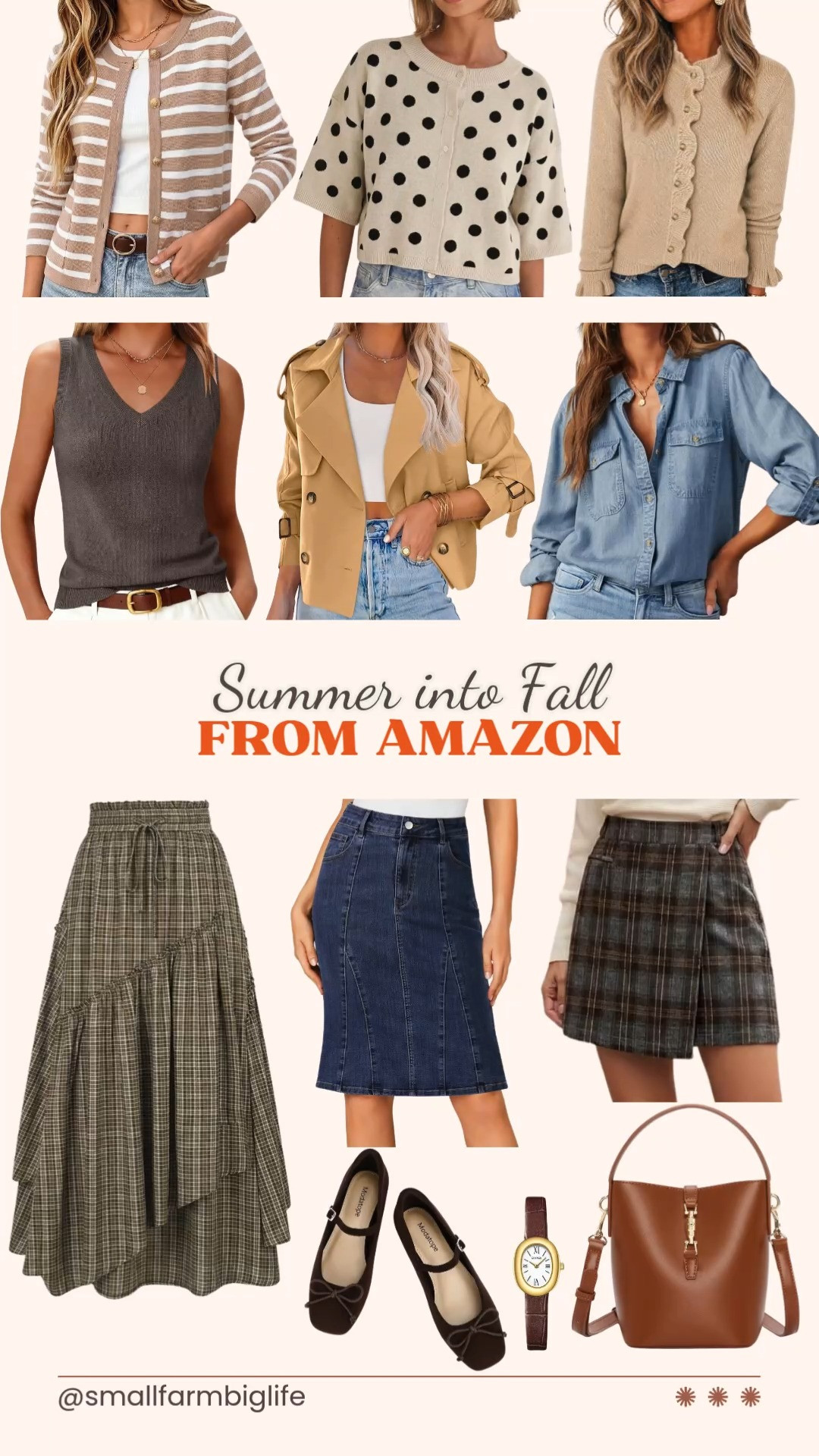 Sharing my favorite Amazon finds for transitioning your closet from summer into fall.

The beige and black polka dot cropped cardigan is soft and versatile, perfect for layering over tanks or tees. The khaki ruffle cardigan and the tan and white striped button down cropped cardigan both bring cozy, elegant options for daily wear.

For shoes, the chocolate brown suede Mary Jane ballet flats have a bow detail and adjustable strap, dressy but comfortable for fall.

The dark blue wash high waisted denim skirt is a knee length pencil style perfect for the office, while the brown plaid flowy maxi skirt adds a bohemian touch to any outfit.

The khaki cropped double breasted trench coat is a great transitional layering piece, and the dusk blue chambray button down shirt is an easy everyday basic. I also love the brown wool blend sleeveless sweater for business casual outfits.

Rounding it out, the cognac suede bucket bag crossbody, the brown and gold vintage bangle watch, and the grey and brown plaid skort all bring great accessories and versatile pieces into your fall wardrobe.

#summertofall #amazonfashion #fallwardrobe #falltransition #amazonfinds 

 #LTKootd #LTKOver40 #LTKWorkwear