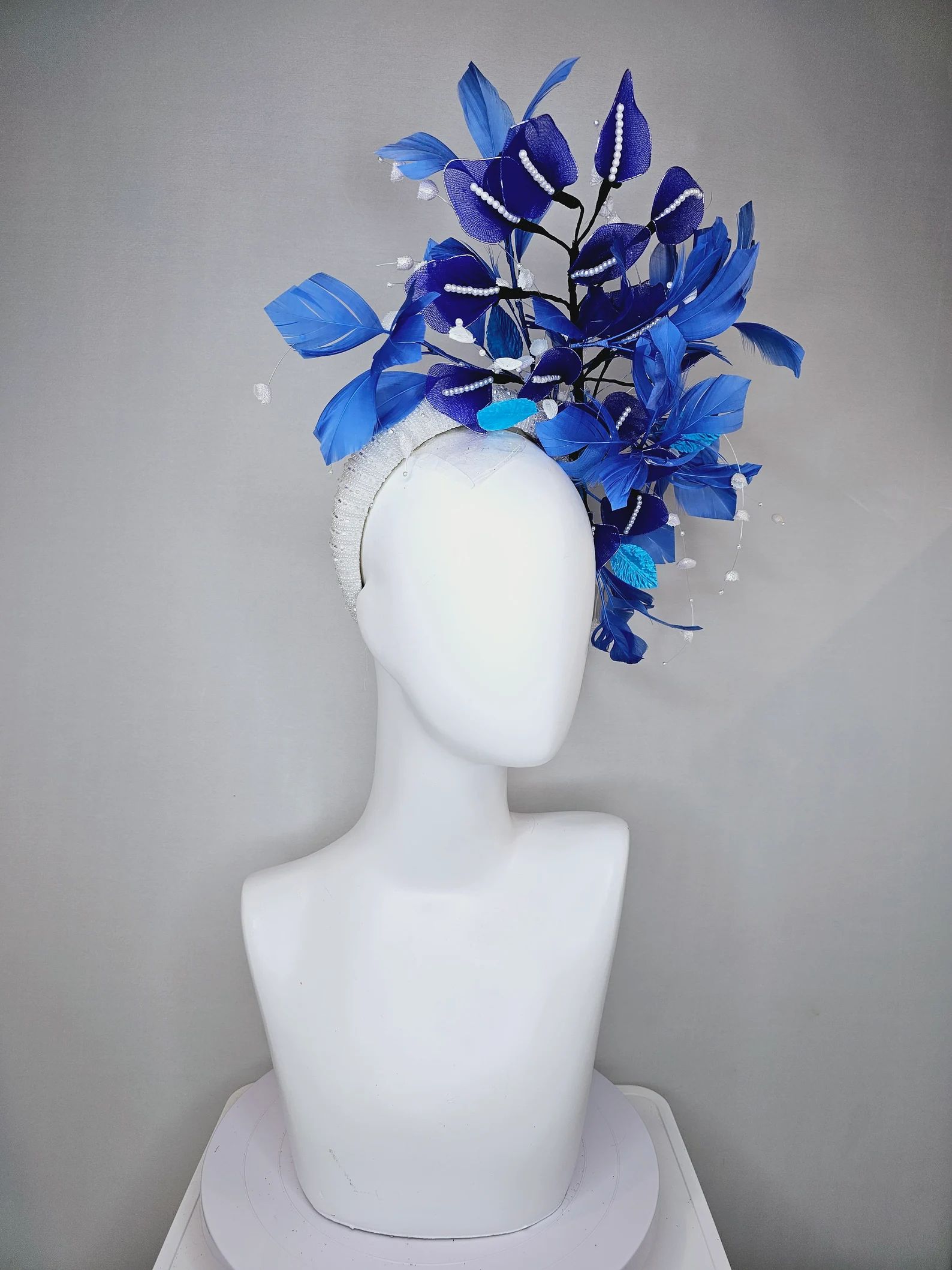 kentucky derby hat fascinator white beaded crystal headband perwinkle blue feathers royal blue wi... | Etsy (US)