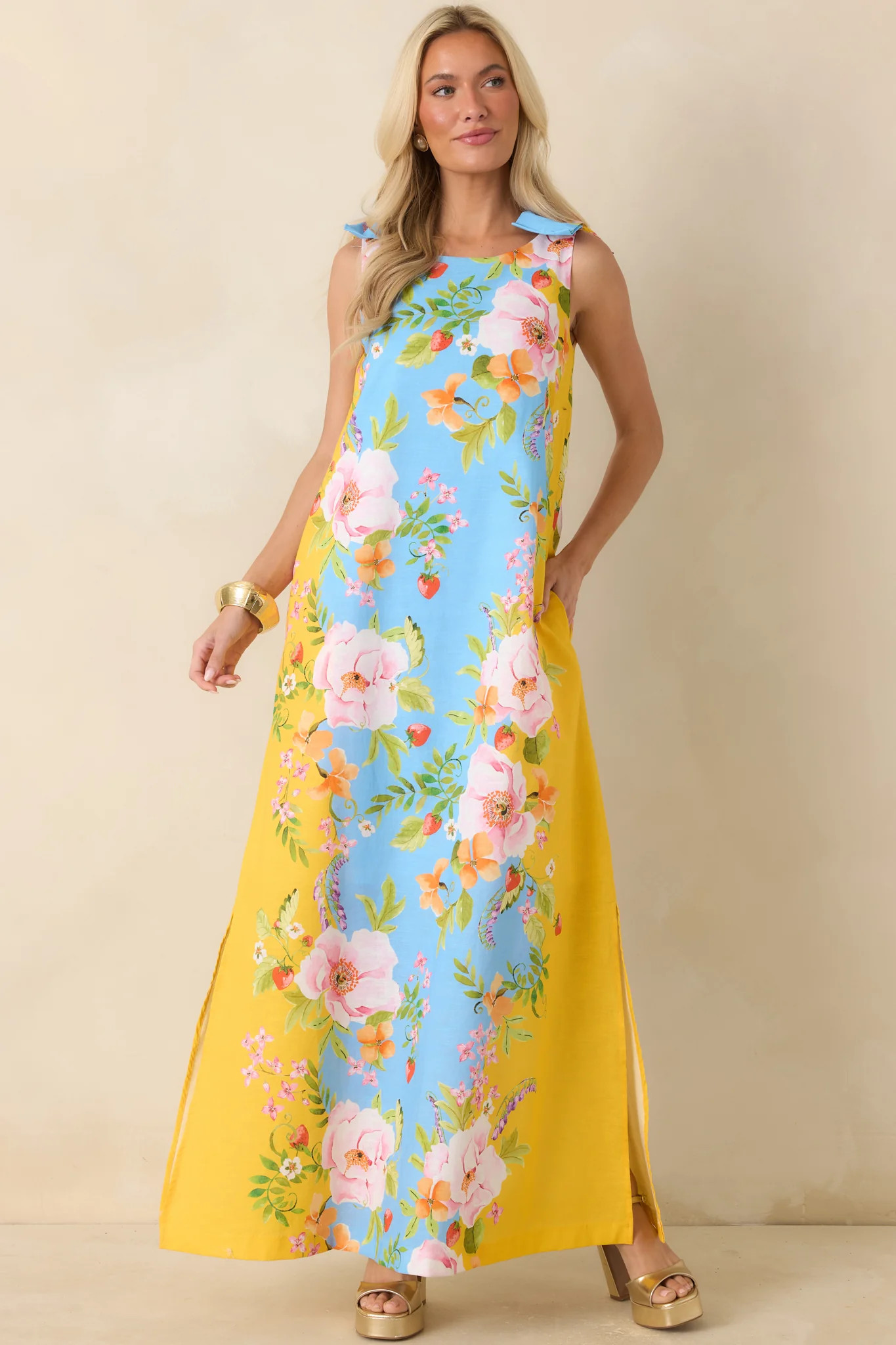 Prosperina Lucie Blue & Yellow Floral Linen Blend Maxi Dress | Red Dress