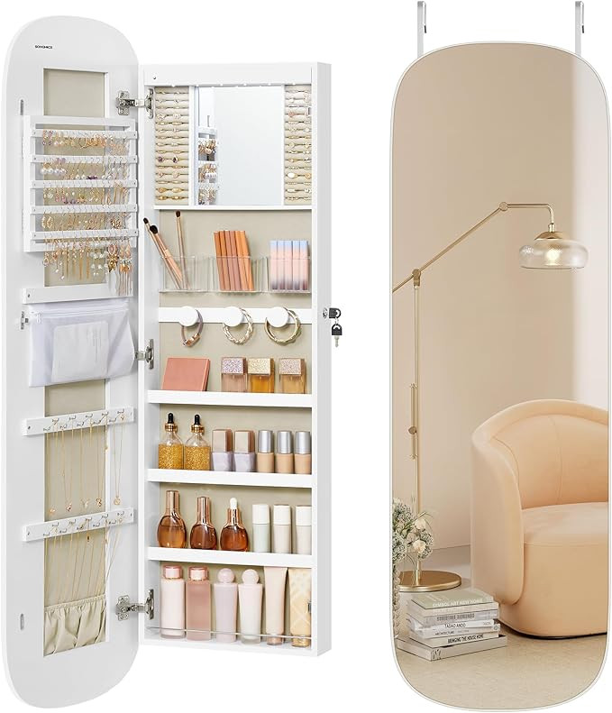 SONGMICS Jewelry Organizer, LED Jewelry Cabinet Wall/Door Mounted, Lockable Rounded Wide Mirror w... | Amazon (US)