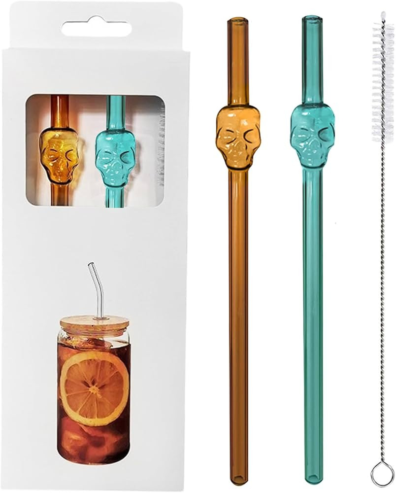 Skull Glass Drinking Straws, 8 Inch Design, Brown and Teal, Reusable, Set of 2 with Cleaning Brus... | Amazon (US)