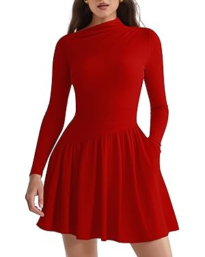 GOKATOSAU Women's Long Sleeve Asymmetric Neck Fit and Flare A-line Mini Dress with Pockets | Amazon (US)