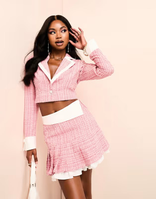 ASOS LUXE boucle crop blazer and pleat mini skirt set in pink | ASOS (Global)