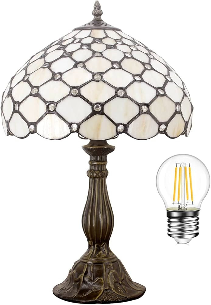 WERFACTORY Tiffany Lamp Cream Amber Stained Glass Bead Table Lamp Desk Bedside Reading Light 12X1... | Amazon (US)