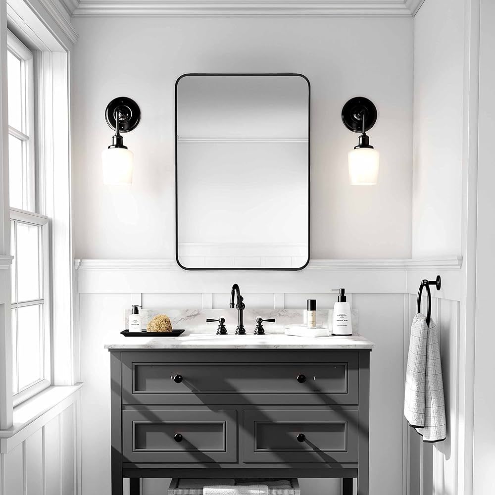 Minuover Wall Mount Mirror for Bathroom, Brush Black Metal Framed Rounded Corner Rectangular Vani... | Amazon (US)
