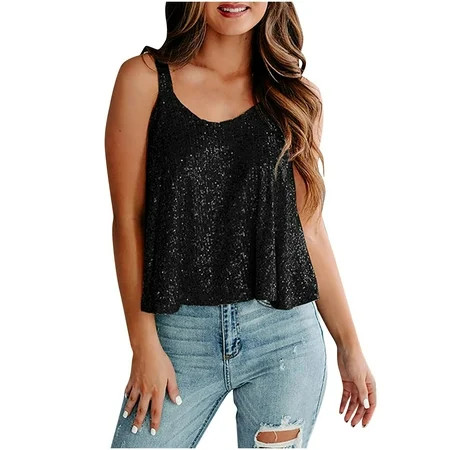 Qcmgmg Glitter Tops for Women Sexy Scoop Neck Tank Top Party Sequin Tops-Ladies Sleeveless Cami Sparkle Tops Holiday Clubwear Evening Shiny Sparkly Top Black M | Walmart (US)