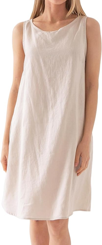 Amazhiyu Women's Linen Sleeveless Shift Dress with Pockets Crew Neck Casual Tank Dress | Amazon (US)
