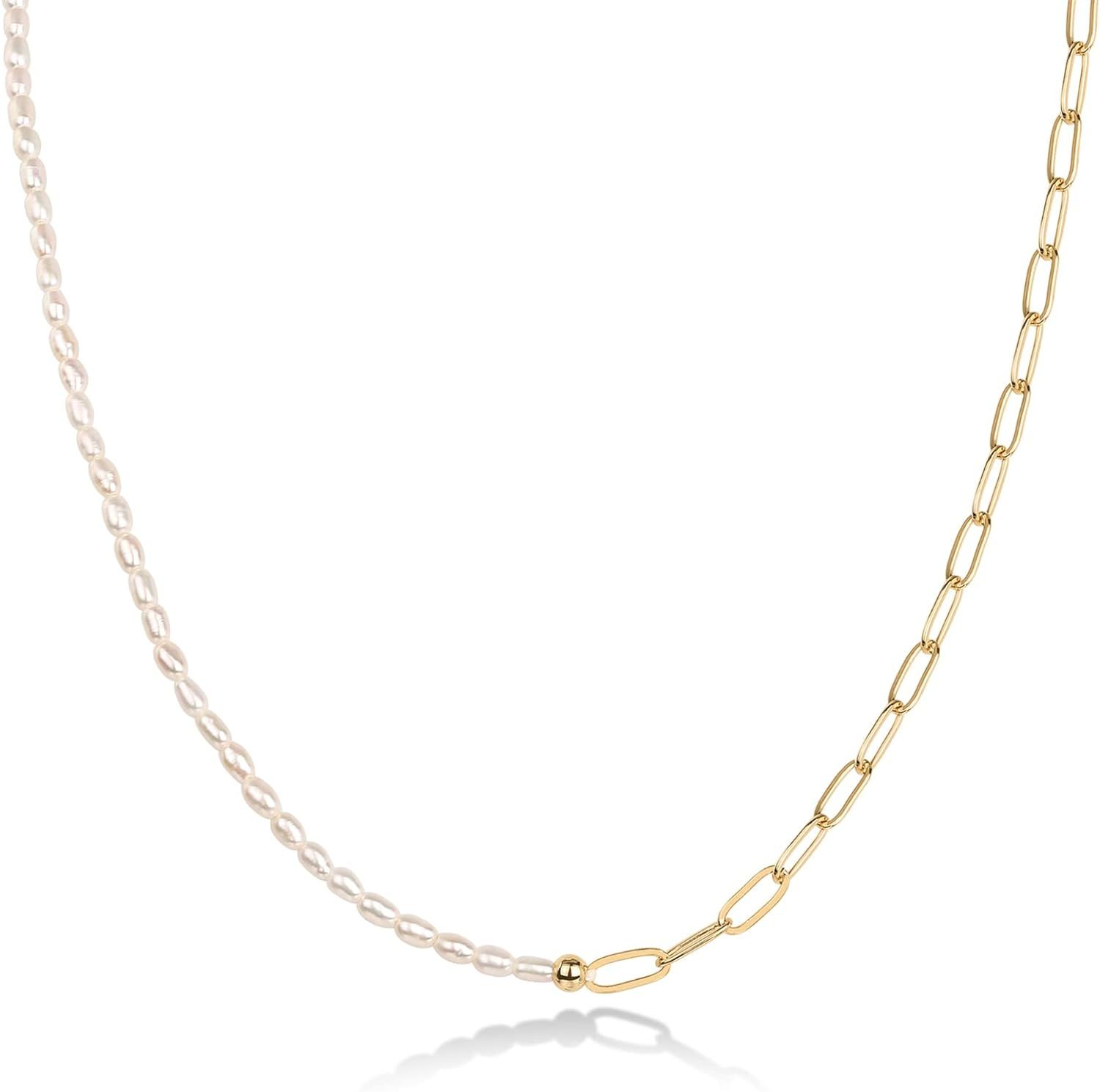 Amazon.com: PAVOI 14K Gold Plated Paper Clip Pearl Necklace with Chunky Link Chain + Cultured Pea... | Amazon (US)