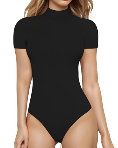 MANGOPOP Women's Mock Turtle Neck Bodysuit Short Sleeve Body Suits Basic T shirts Clothing Tops | Amazon (US)