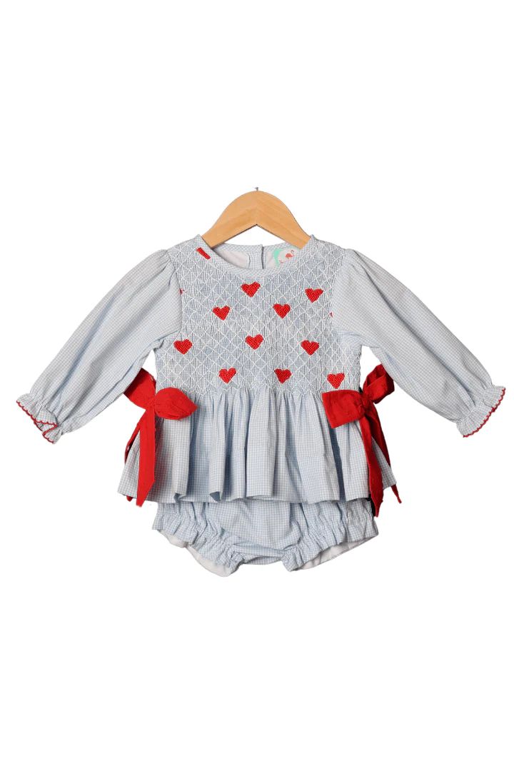 Smocked Heirloom Heart Blue Gingham Bloomer Set | The Smocked Flamingo