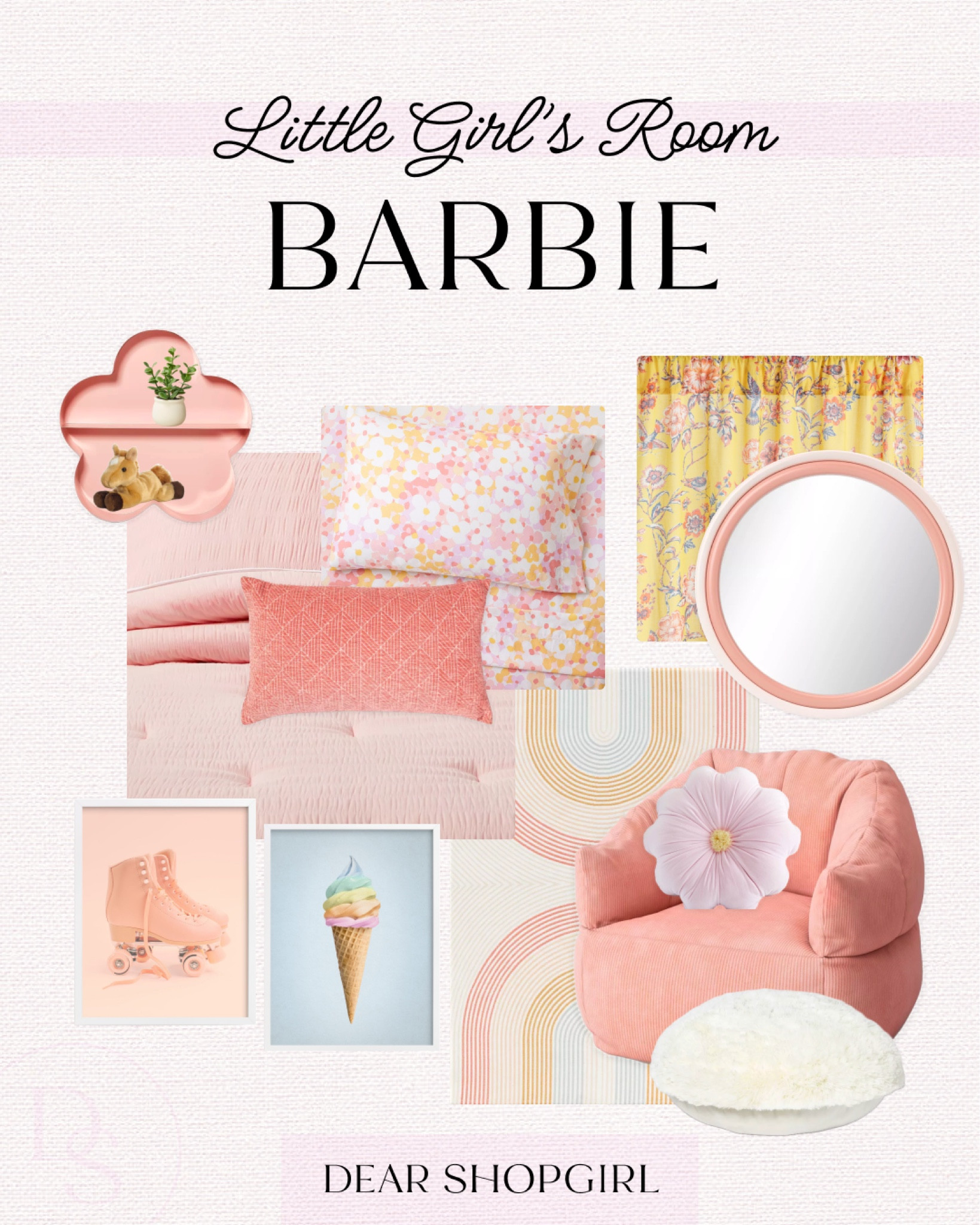 Little girl’s bedroom inspo straight from Barbie land! 🌸 The prettiest pink bedding mixed with some pops of yellow and blue in the floral curtains, rainbow rug and fun wall art. All adorable pieces from Target, pottery barn, west elm, world market and minted! Seersucker pink comforter set, daisy sheet set, yellow curtains, corduroy bean bag chair, pink round mirror, flower wall shelf, roller skates and ice cream wall art and flower throw pillow. And a horse for Ken 🤭

#LTKkids #LTKhome #LTKFind