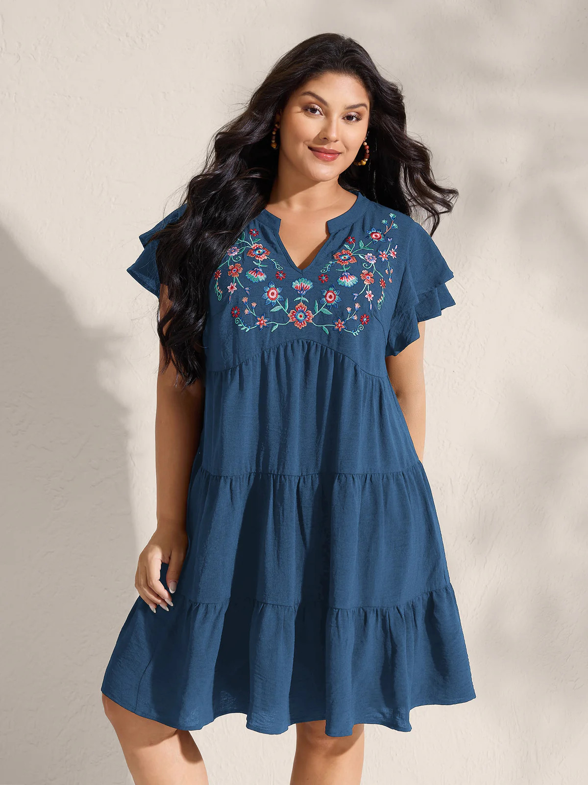 Embroidered Neckline A-Line Ruffled Knee-Length Dress | Bloomchic