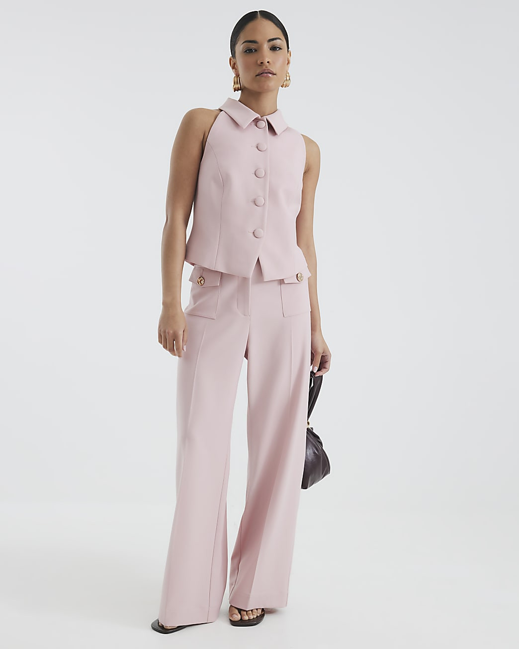 Petite Pink Button Front Straight Trousers | River Island UK & IE