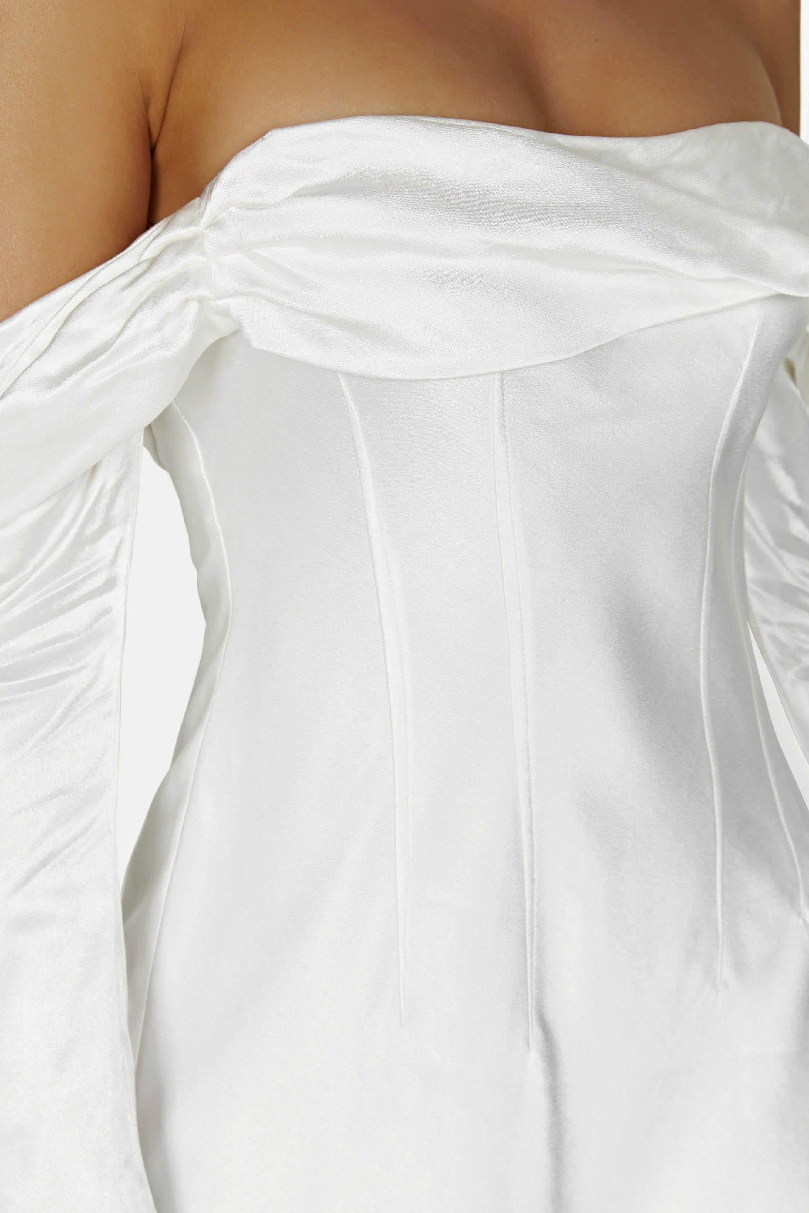 Giselle Off Shoulder Satin Mini Dress - White | MESHKI US