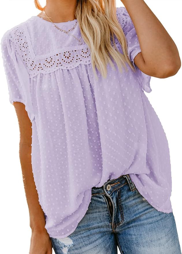 Dokotoo Womens Crewneck Lace Crochet Pom Pom Flowy Short Sleeve Casual Shirts Blouses Tops | Amazon (US)